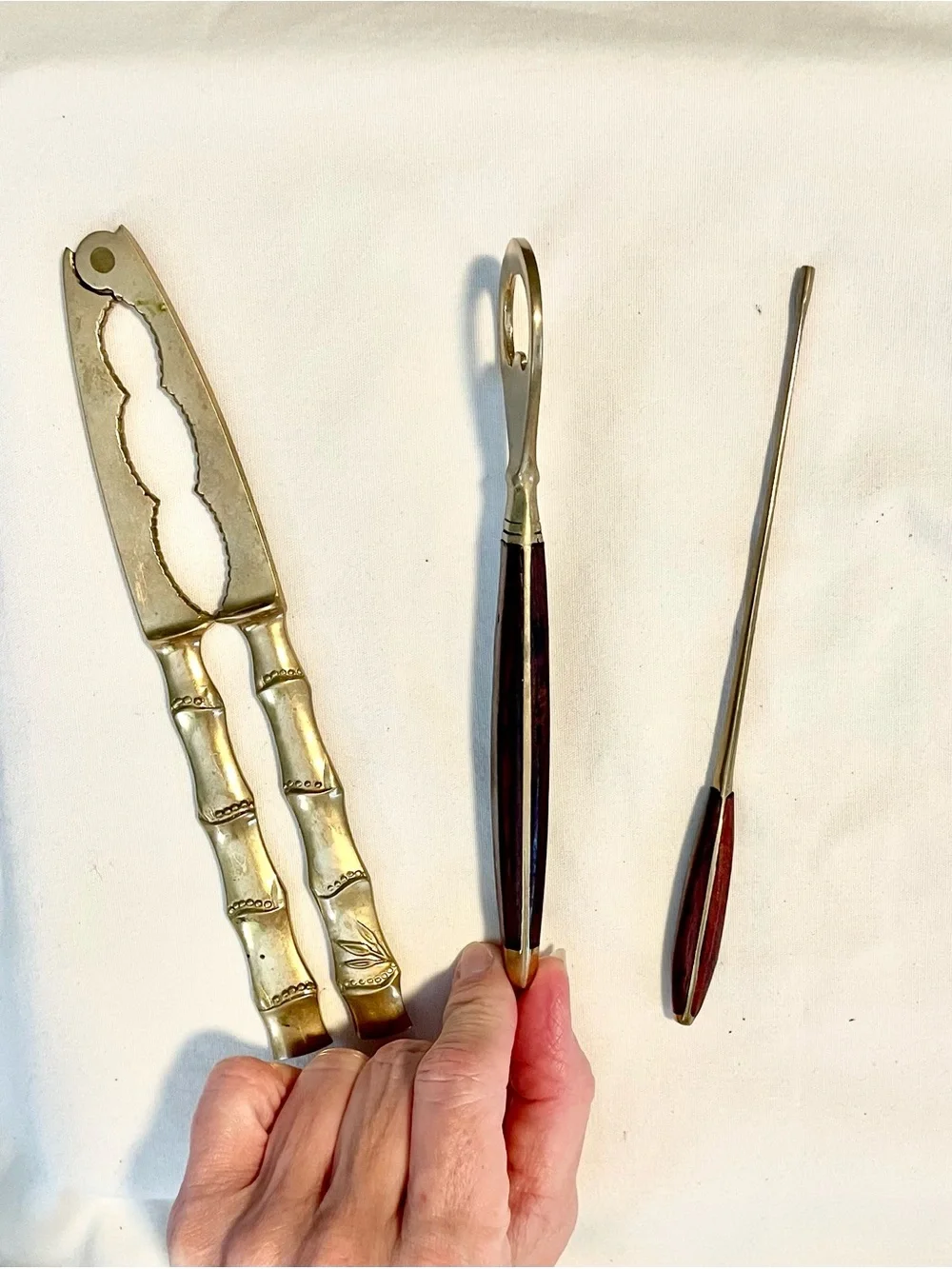 MCM~VNTG Japanese-3 Brass Bar Set Pieces ~ Opener/Cracker/Muddler -Brass & Teak